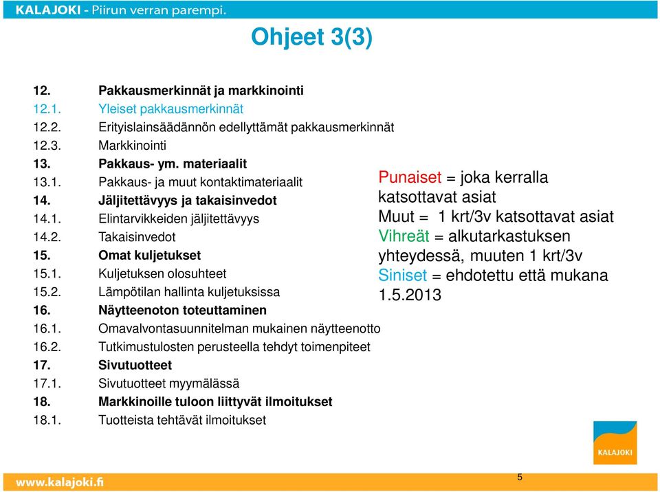 Näytteenoton toteuttaminen 16.1. Omavalvontasuunnitelman mukainen näytteenotto 16.2. Tutkimustulosten perusteella tehdyt toimenpiteet 17. Sivutuotteet 17.1. Sivutuotteet myymälässä 18.