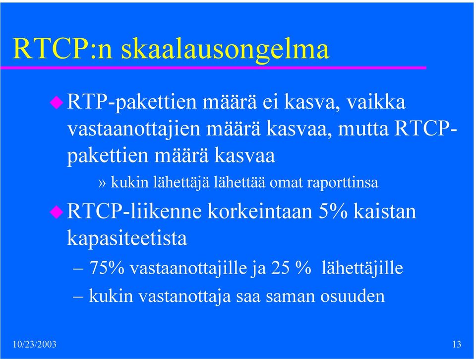 raporttinsa RTCP-liikenne korkeintaan 5% kaistan kapasiteetista 75%