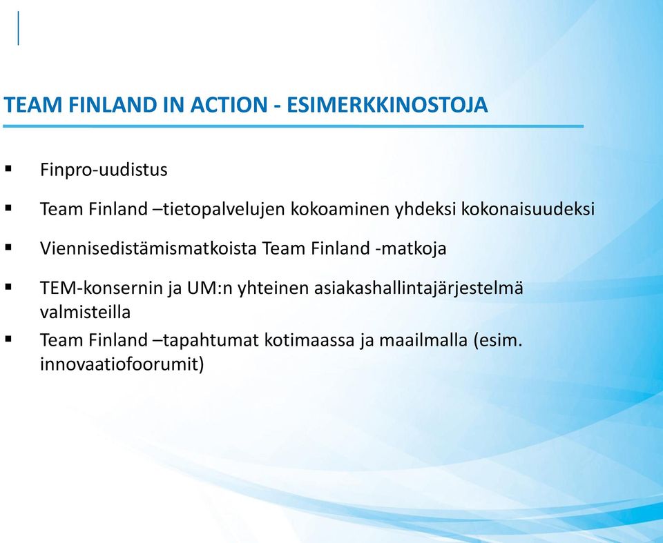 Team Finland -matkoja TEM-konsernin ja UM:n yhteinen