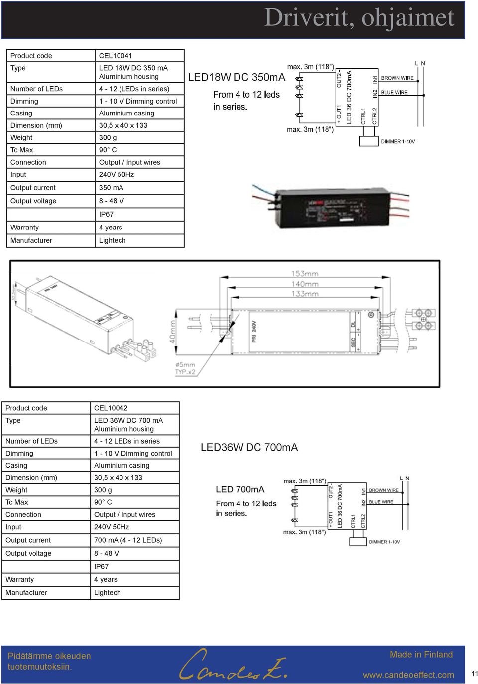 350mA Product code CEL10042 Type LED 36W DC 700 ma Aluminium housing Number of LEDs 4-12 LEDs in series Dimming 1-10 V Dimming control Casing Aluminium casing Dimension (mm) 30,5 x 40 x 133