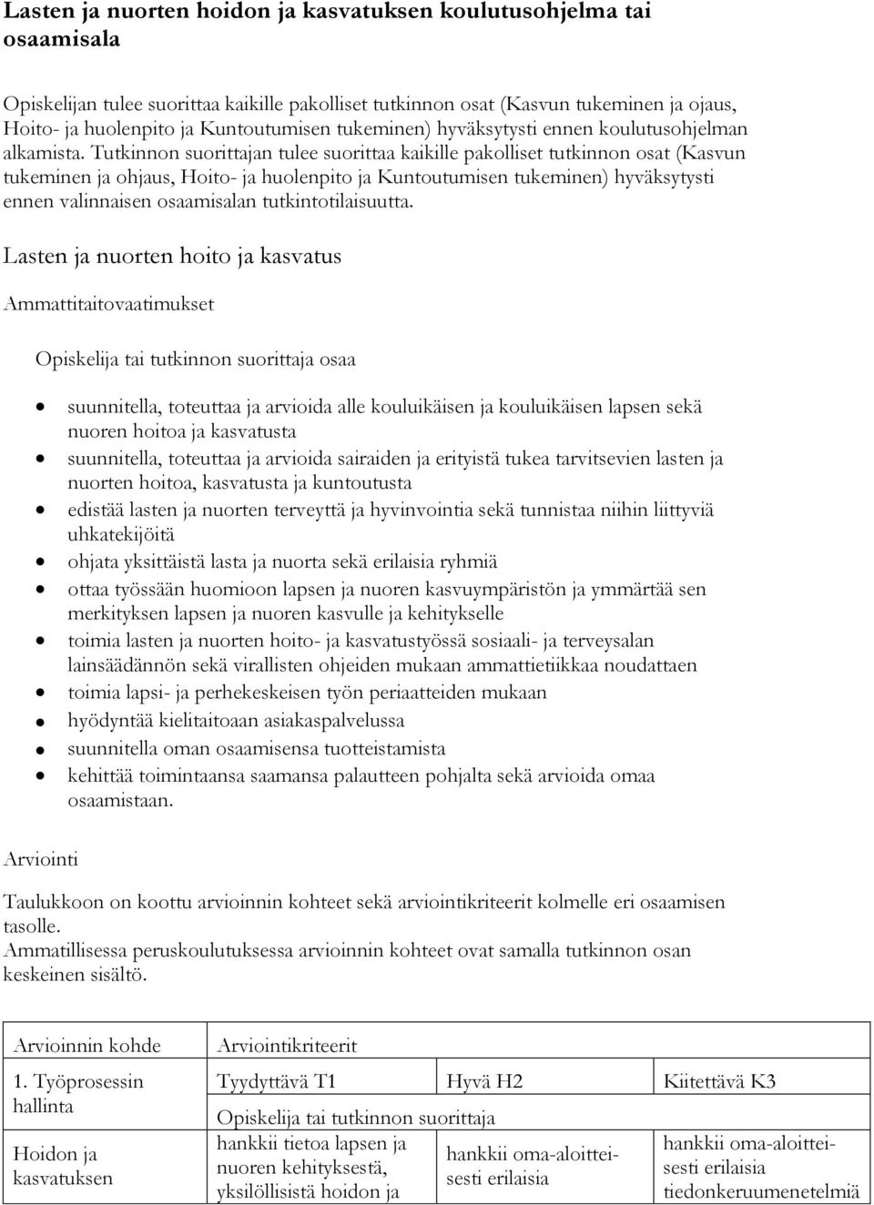 Tutkinnon suorittajan tulee suorittaa kaikille pakolliset tutkinnon osat (Kasvun tukeminen ja ohjaus, Hoito- ja huolenpito ja Kuntoutumisen tukeminen) hyväksytysti ennen valinnaisen osaamisalan