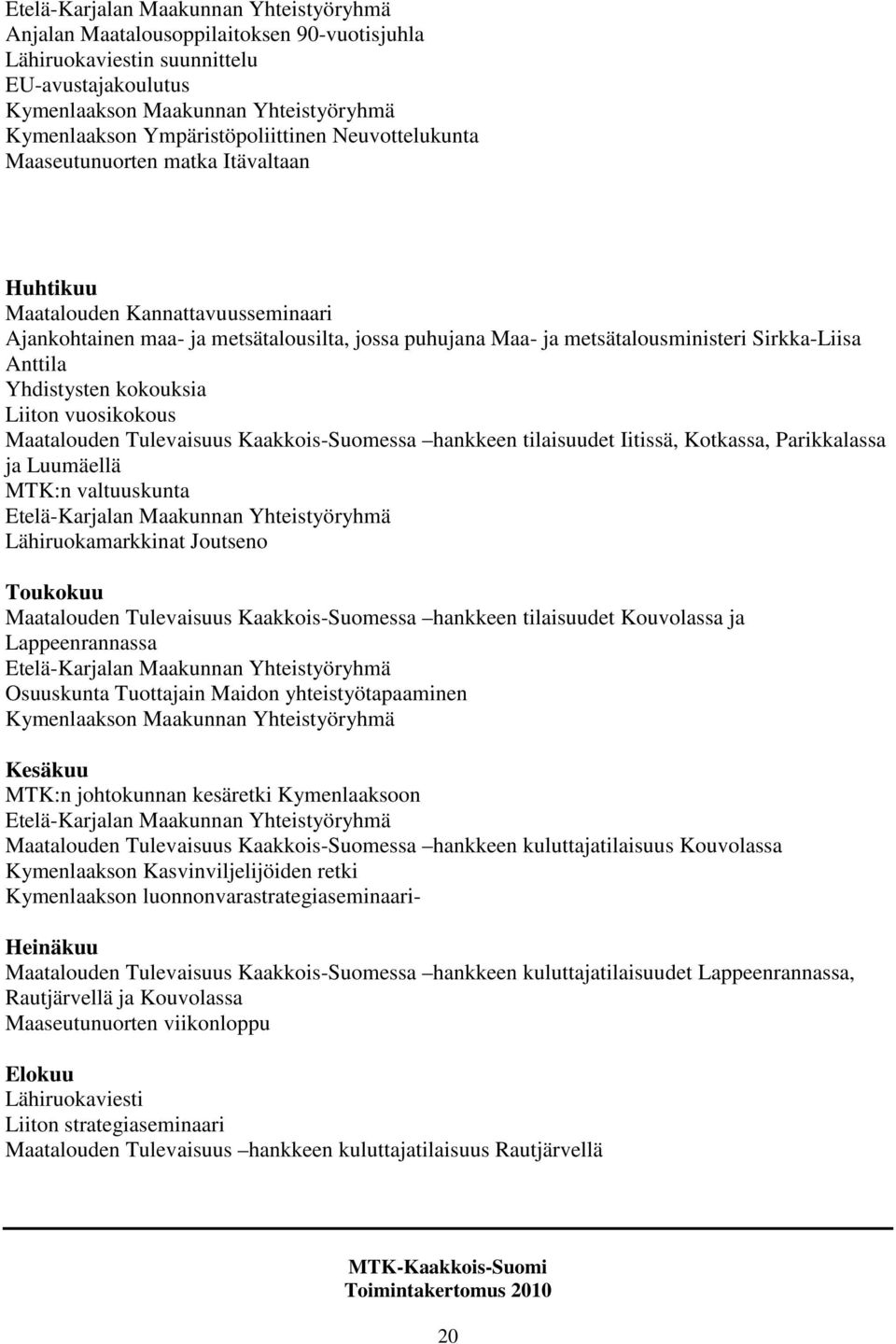 Sirkka-Liisa Anttila Yhdistysten kokouksia Liiton vuosikokous Maatalouden Tulevaisuus Kaakkois-Suomessa hankkeen tilaisuudet Iitissä, Kotkassa, Parikkalassa ja Luumäellä MTK:n valtuuskunta