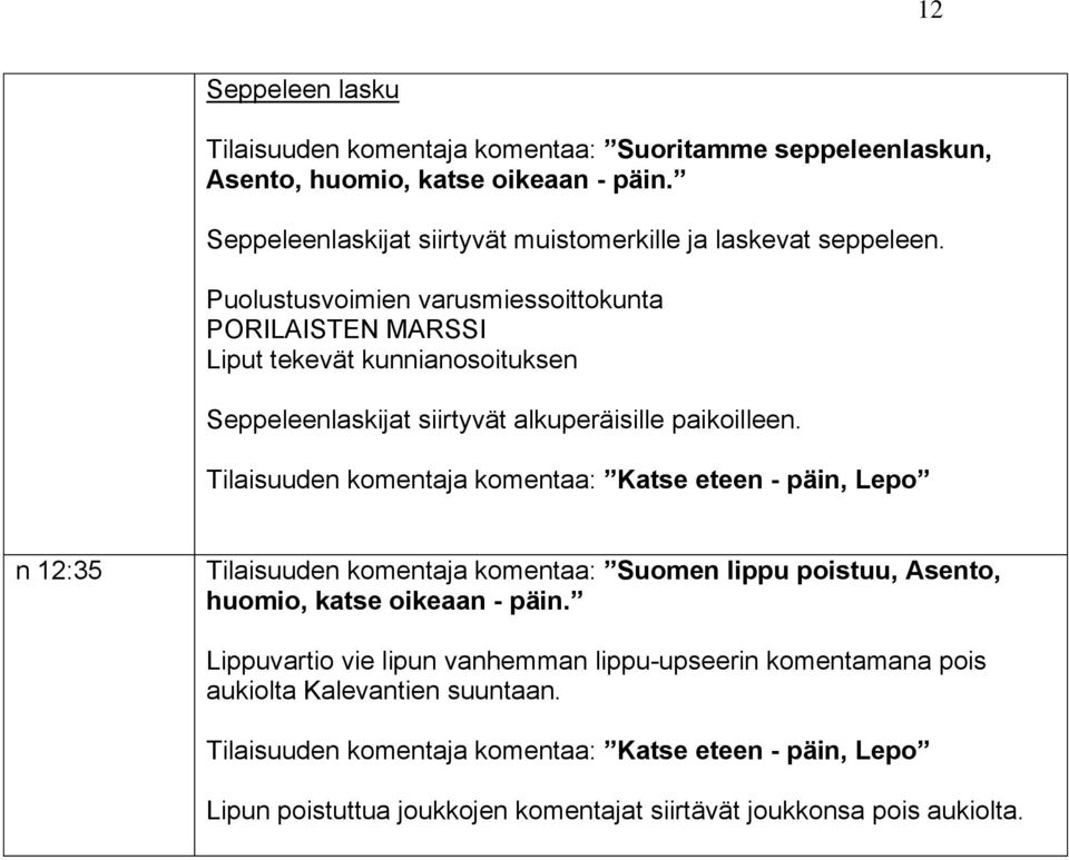 Puolustusvoimien varusmiessoittokunta PORILAISTEN MARSSI Liput tekevät kunnianosoituksen Seppeleenlaskijat siirtyvät alkuperäisille paikoilleen.