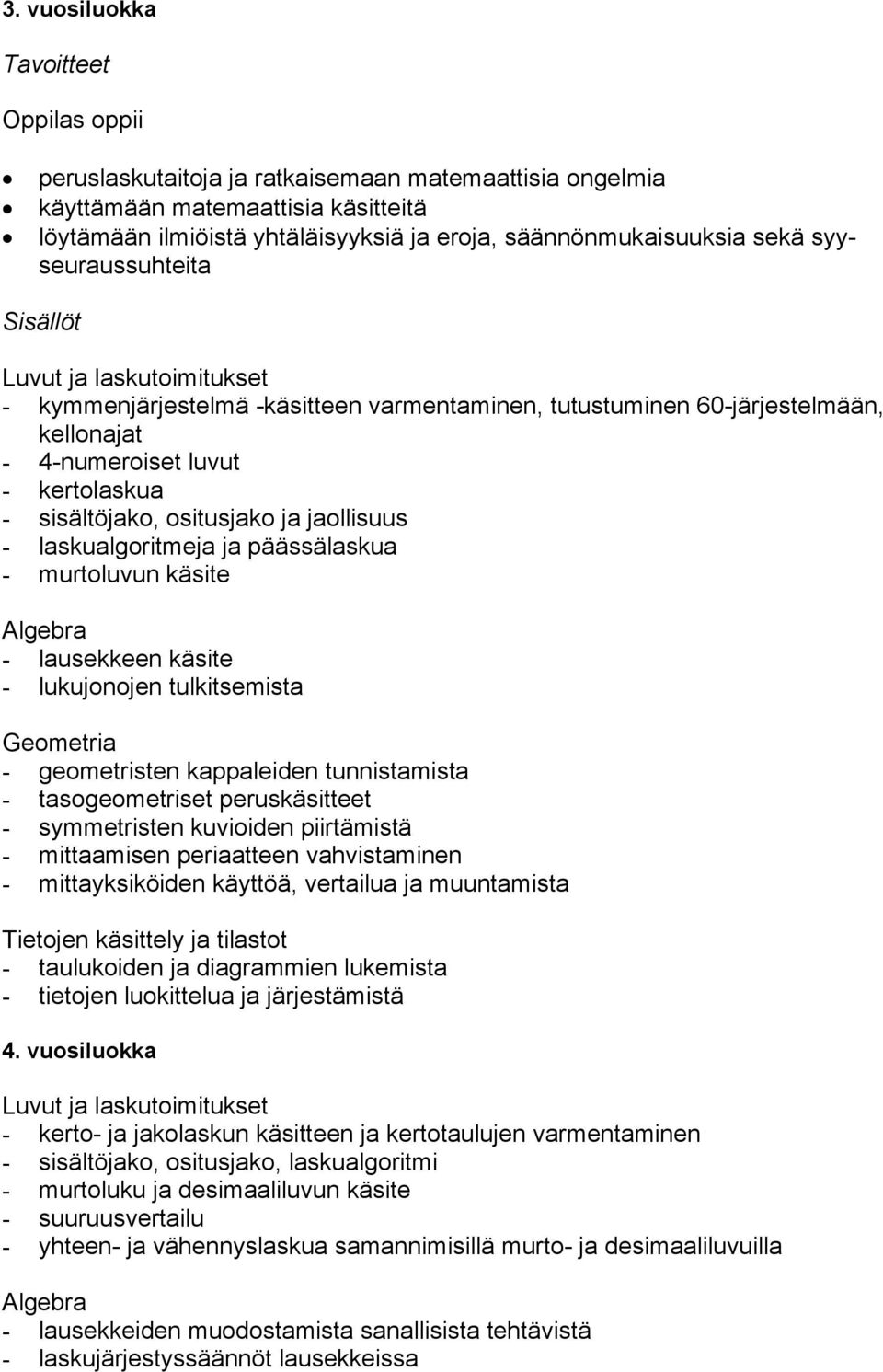 laskualgoritmeja ja päässälaskua - murtoluvun käsite - lausekkeen käsite - lukujonojen tulkitsemista - geometristen kappaleiden tunnistamista - tasogeometriset peruskäsitteet - symmetristen kuvioiden