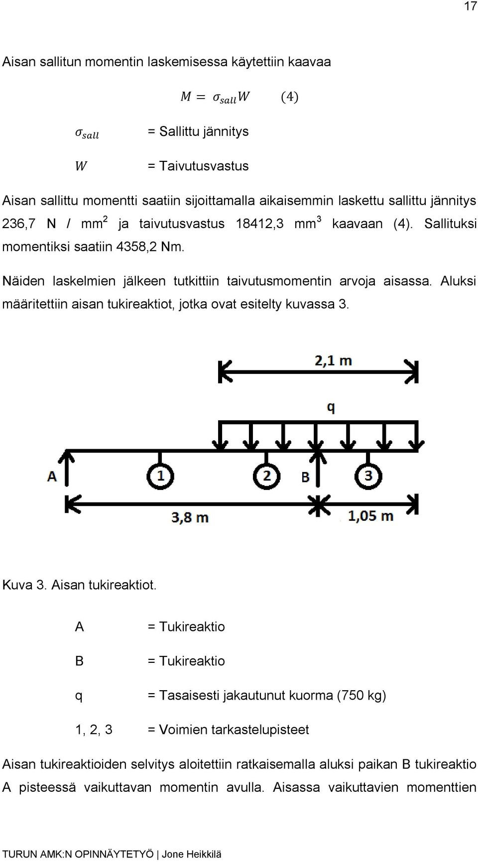 Aluksi määritettiin aisan tukireaktiot, jotka ovat esitelty kuvassa 3. Kuva 3. Aisan tukireaktiot.