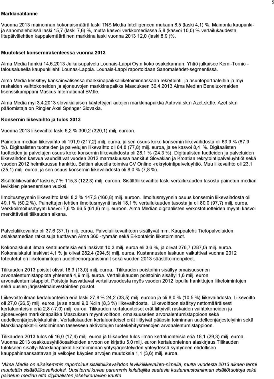 Iltapäivälehtien kappalemääräinen markkina laski vuonna 2013 12,0 (laski 8,9 )%. Muutokset konsernirakenteessa vuonna 2013 Alma Media hankki 14.6.