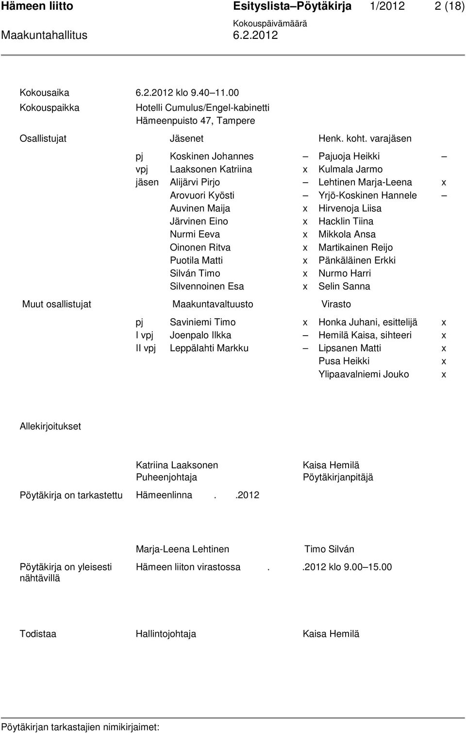Järvinen Eino x Hacklin Tiina Nurmi Eeva x Mikkola Ansa Oinonen Ritva x Martikainen Reijo Puotila Matti x Pänkäläinen Erkki Silván Timo x Nurmo Harri Silvennoinen Esa x Selin Sanna Muut osallistujat