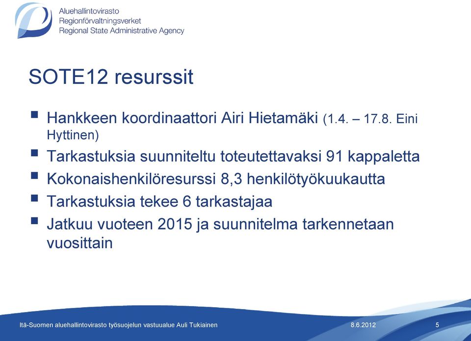 Kokonaishenkilöresurssi 8,3 henkilötyökuukautta Tarkastuksia tekee 6