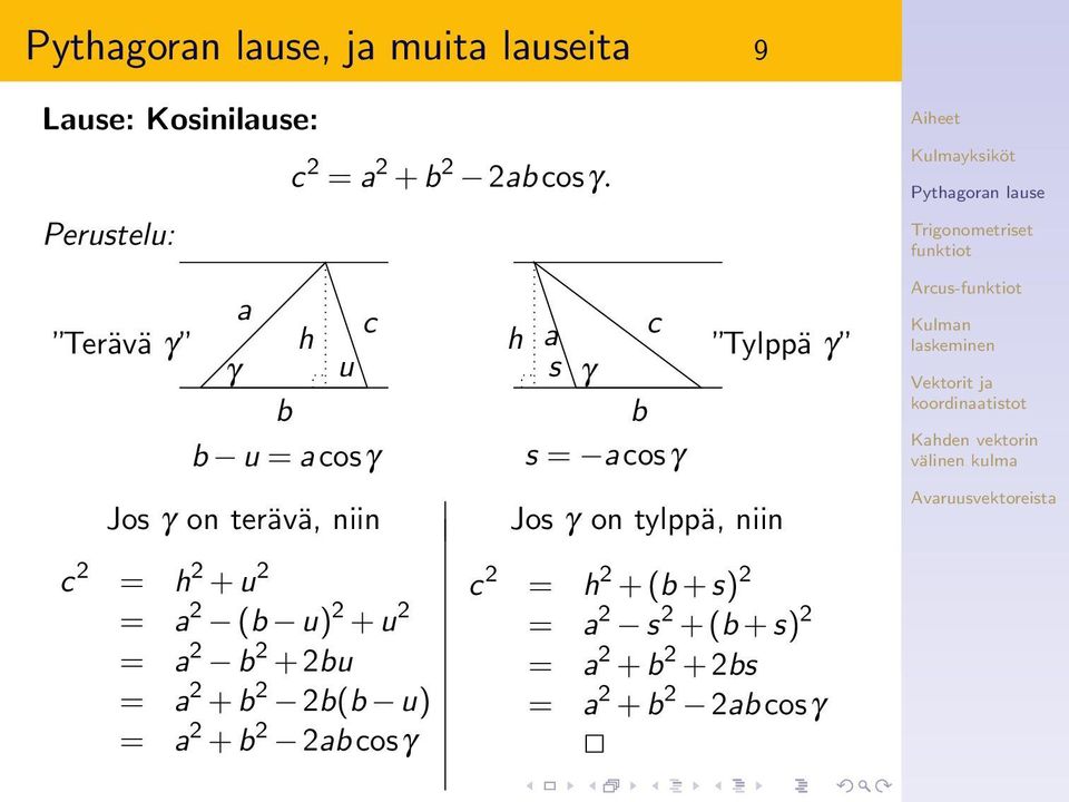 2 = a 2 b 2 + 2bu = a 2 + b 2 2b(b u) = a 2 + b 2 2ab cosγ h a c s γ b s = acosγ Tlppä γ