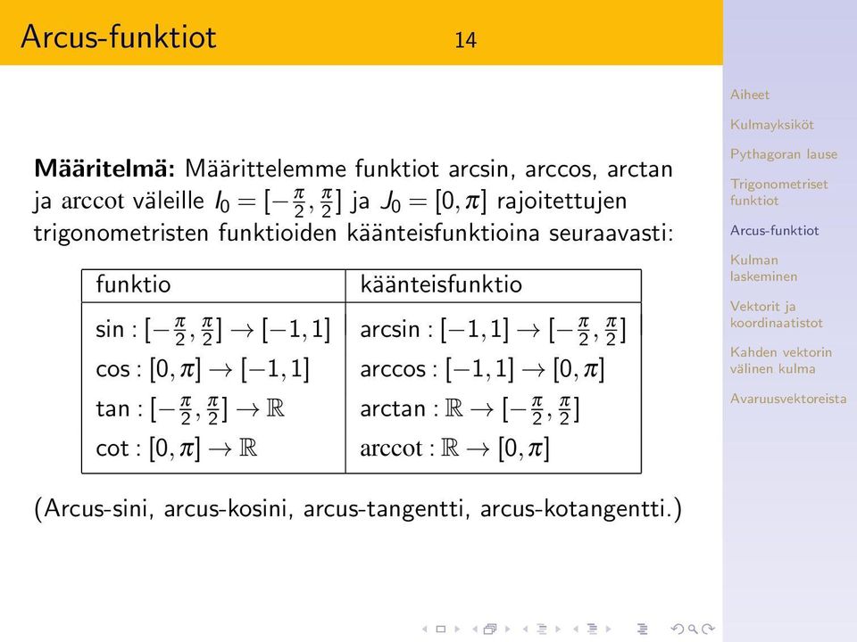 2, π 2 ] [ 1,1] arcsin : [ 1,1] [ π 2, π 2 ] cos : [0,π] [ 1,1] arccos : [ 1,1] [0,π] tan : [ π 2, π 2 ] R