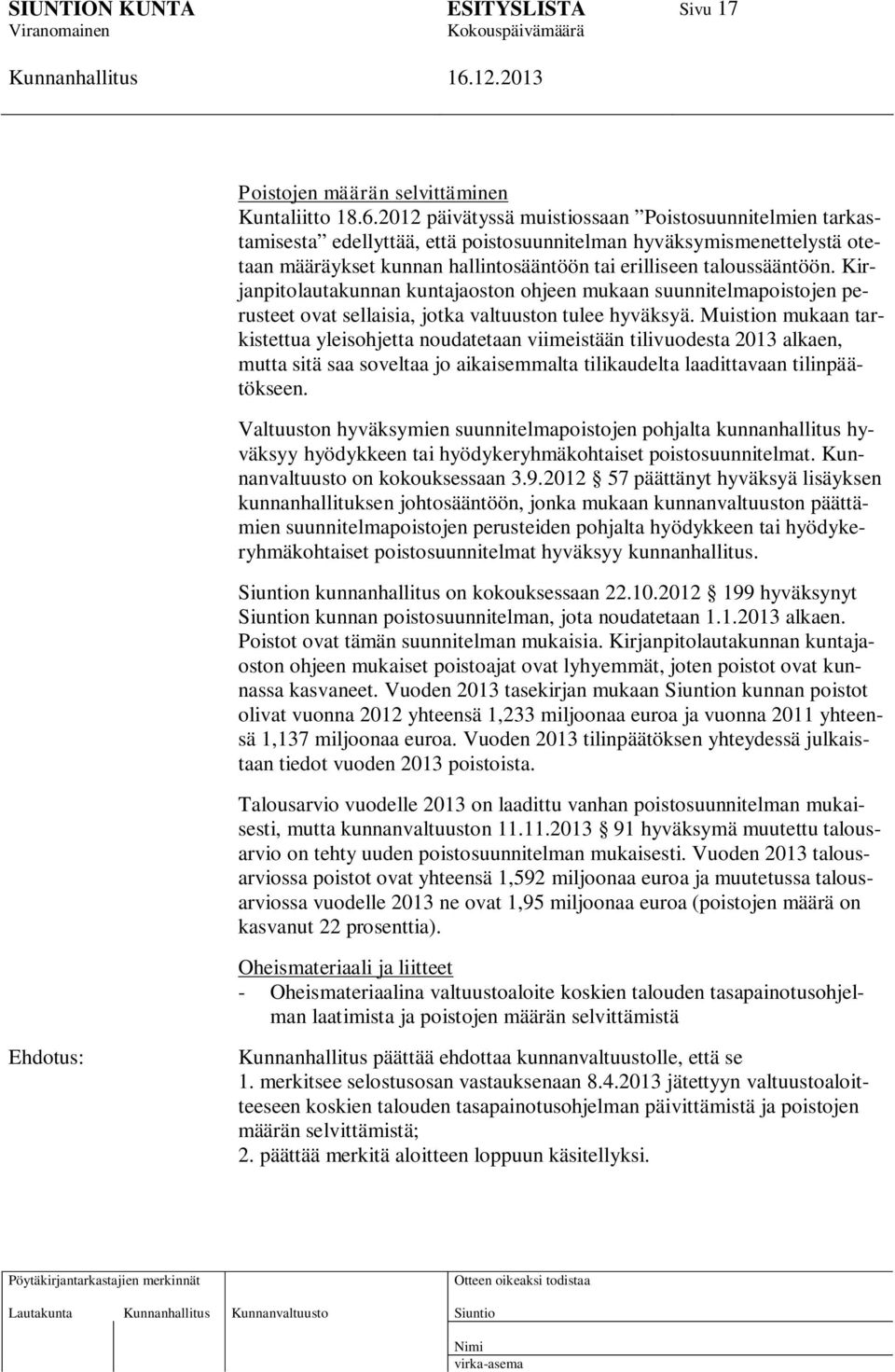 Kirjanpitolautakunnan kuntajaoston ohjeen mukaan suunnitelmapoistojen perusteet ovat sellaisia, jotka valtuuston tulee hyväksyä.