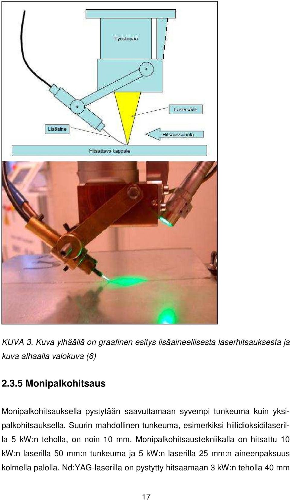 Monipalkohitsaustekniikalla on hitsattu 10 kw:n laserilla 50 mm:n tunkeuma ja 5 kw:n laserilla 25 mm:n aineenpaksuus kolmella