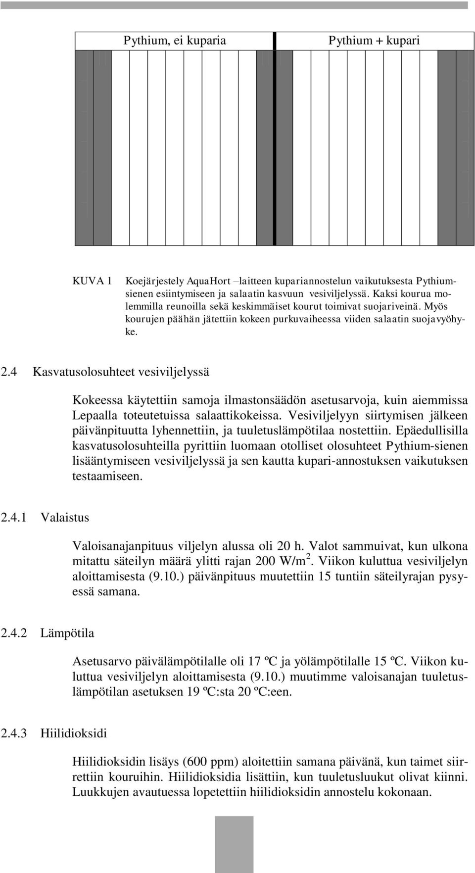 4 Kasvatusolosuhteet vesiviljelyssä Kokeessa käytettiin samoja ilmastonsäädön asetusarvoja, kuin aiemmissa Lepaalla toteutetuissa salaattikokeissa.