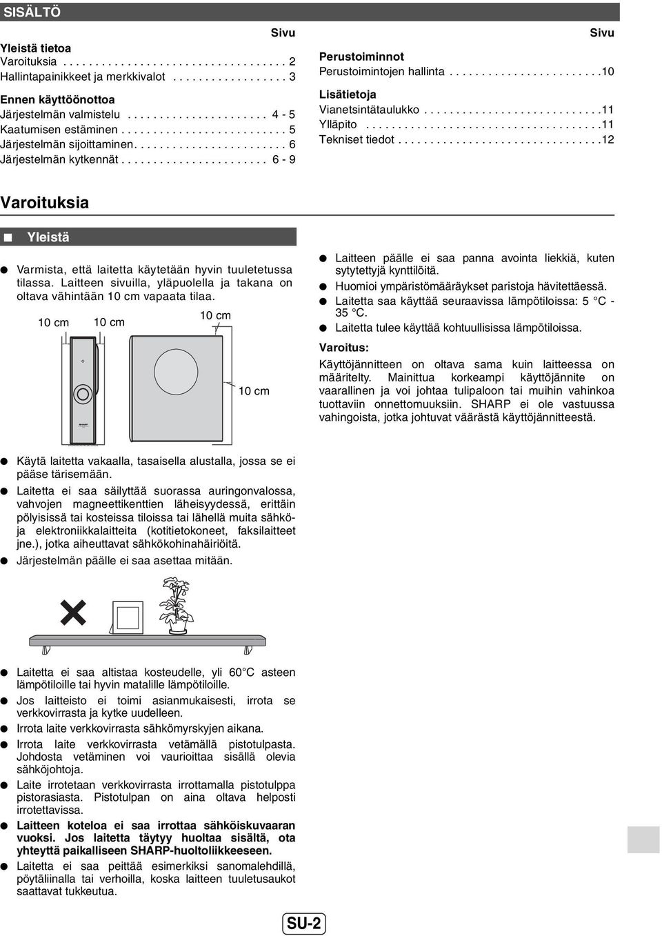 ...................... 6-9 Sivu Perustoiminnot Perustoimintojen hallinta........................10 Lisätietoja Vianetsintätaulukko............................11 Ylläpito.....................................11 Tekniset tiedot.