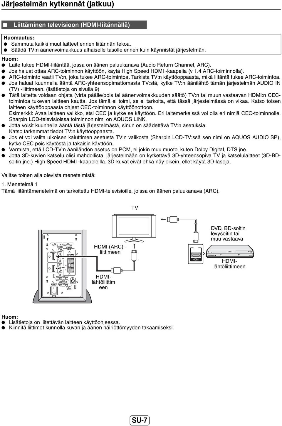 Jos haluat ottaa ARC-toiminnon käyttöön, käytä High Speed HDMI -kaapelia (v 1.4 ARC-toiminnolla). ARC-toiminto vaatii TV:n, joka tukee ARC-toimintoa.