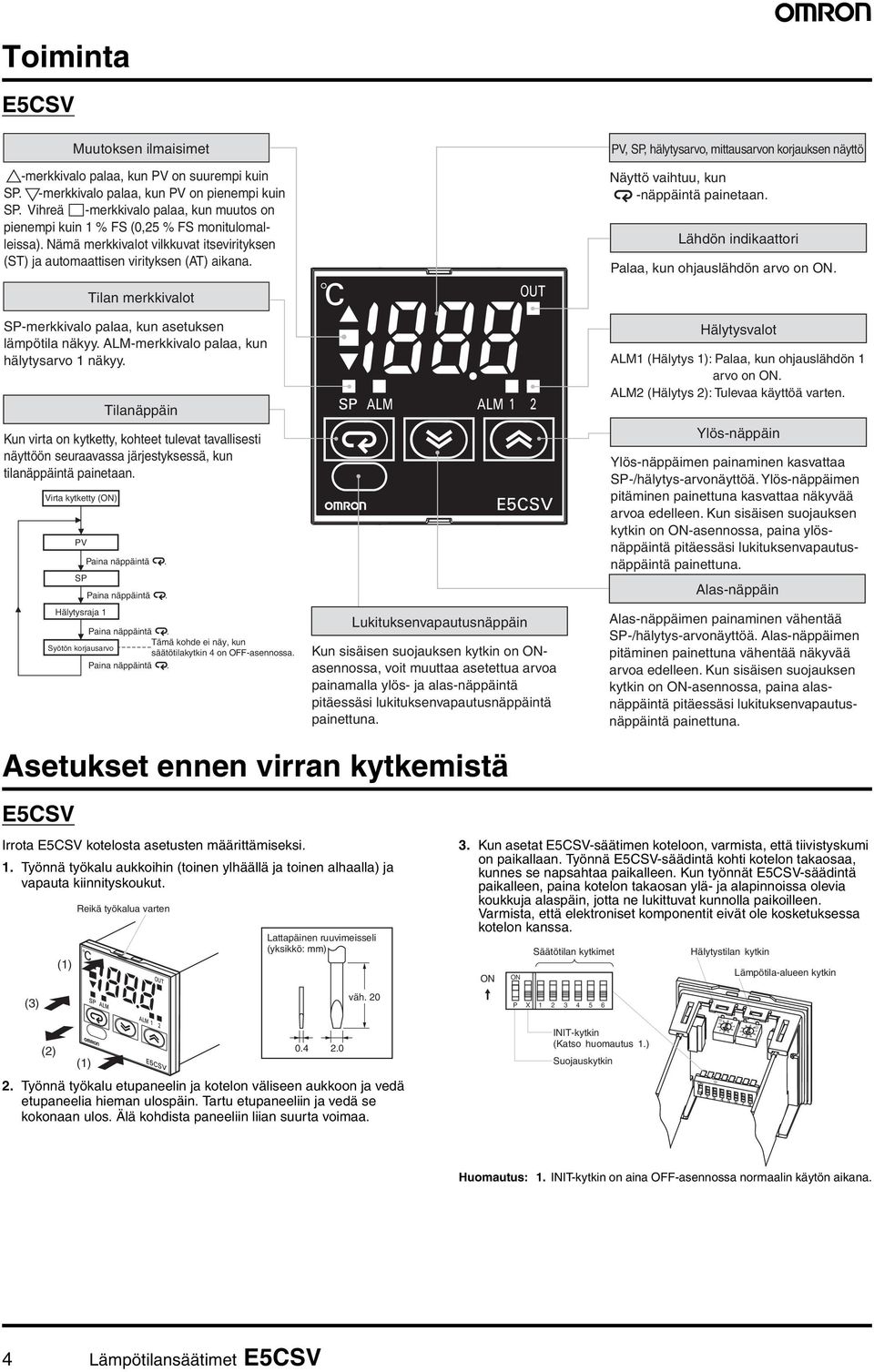 PV,, hälytysarvo, mittausarvon korjauksen näyttö Näyttö vaihtuu, kun -näppäintä painetaan. Lähdön indikaattori Palaa, kun ohjauslähdön arvo on.