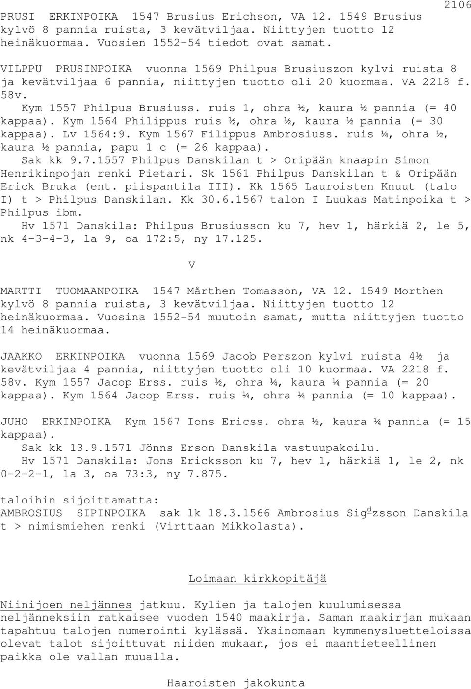 ruis 1, ohra ½, kaura ½ pannia (= 40 kappaa). Kym 1564 Philippus ruis ½, ohra ½, kaura ½ pannia (= 30 kappaa). Lv 1564:9. Kym 1567 Filippus Ambrosiuss.
