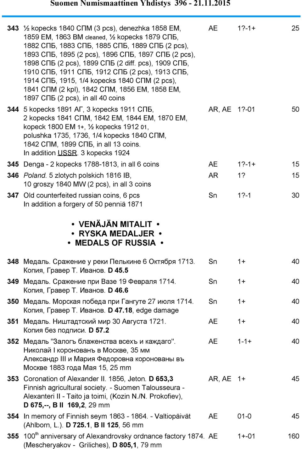 pcs), 1909 СПБ, 1910 СПБ, 1911 СПБ, 1912 СПБ (2 pcs), 1913 СПБ, 1914 СПБ, 1915, 1/4 kopecks 1840 СПM (2 pcs), 1841 СПM (2 kpl), 1842 СПM, 1856 EM, 1858 EM, 1897 СПБ (2 pcs), in all 40 coins AE 1?