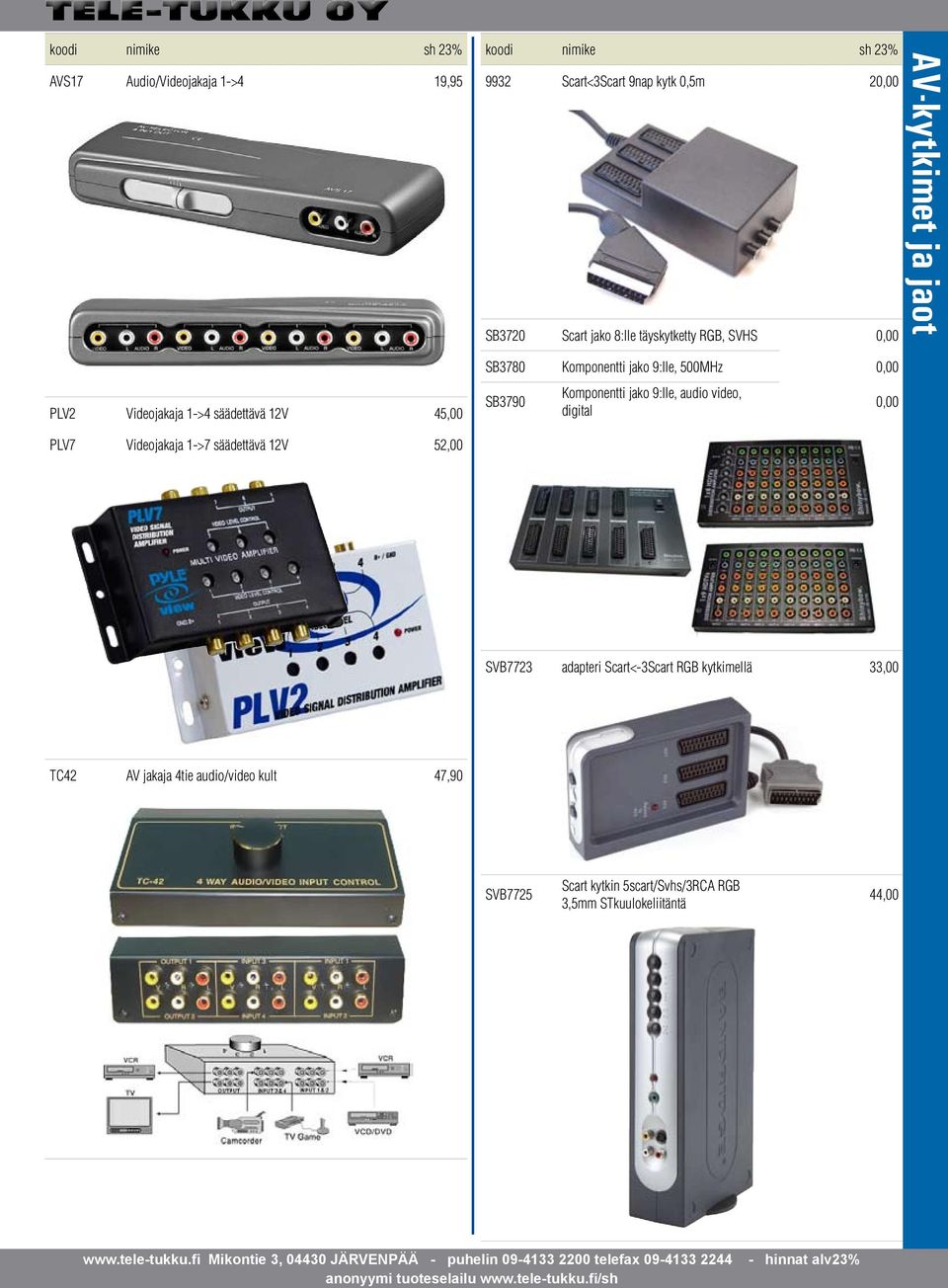 säädettävä 12V 52,00 SVB7723 adapteri Scart<-3Scart RGB kytkimellä 33,00 TC42 AV jakaja 4tie audio/video kult 47,90 SVB7725 Scart kytkin