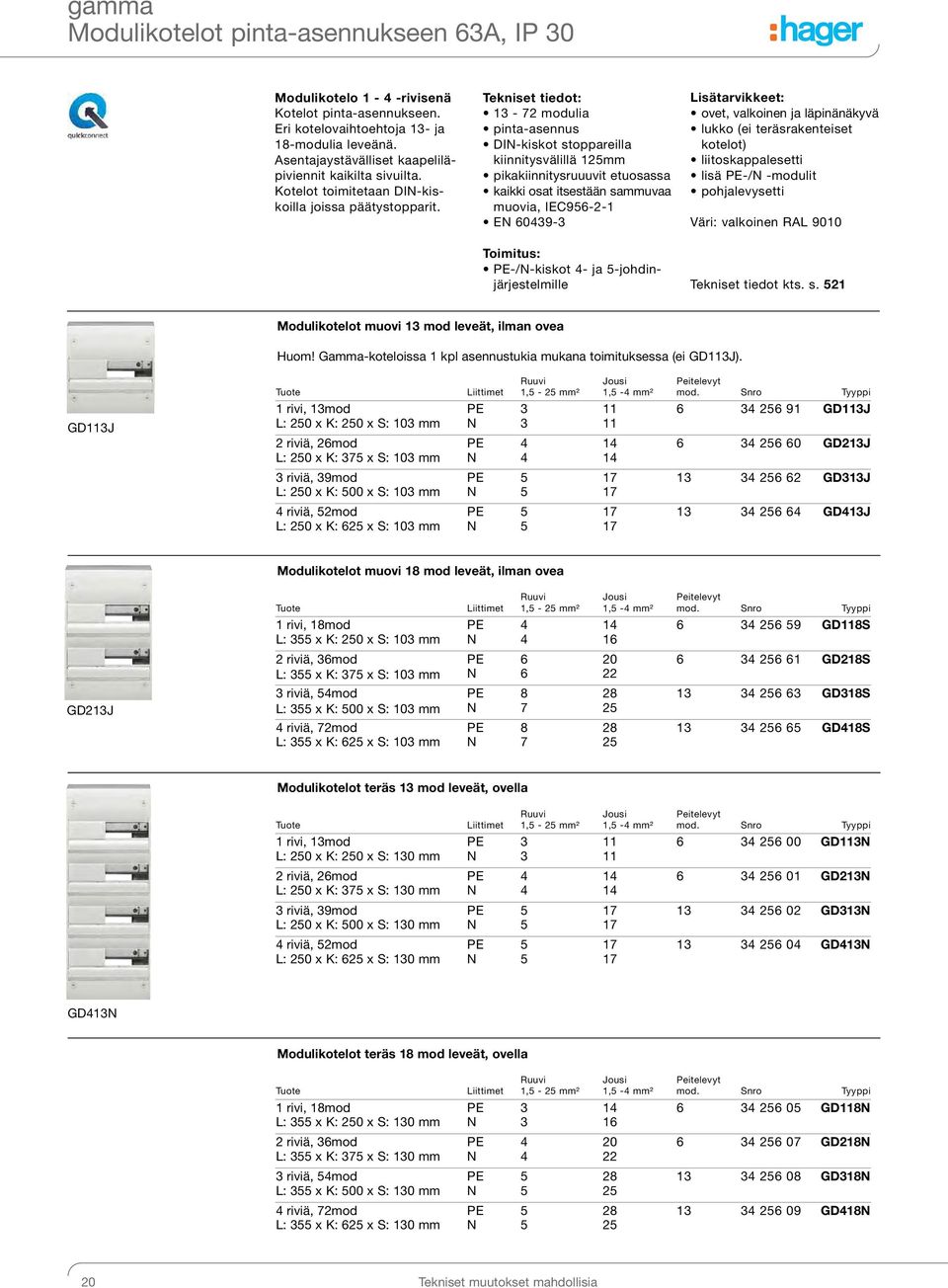 Tekniset tiedot: 1-72 modulia pinta-asennus DI-kiskot stoppareilla kiinnitysvälillä 12mm pikakiinnitysruuuvit etuosassa kaikki osat itsestään sammuvaa muovia, IEC96-2-1 E 609- Toimitus: -/-kiskot -