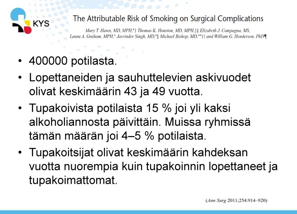 Tupakoivista potilaista 15 % joi yli kaksi alkoholiannosta päivittäin.