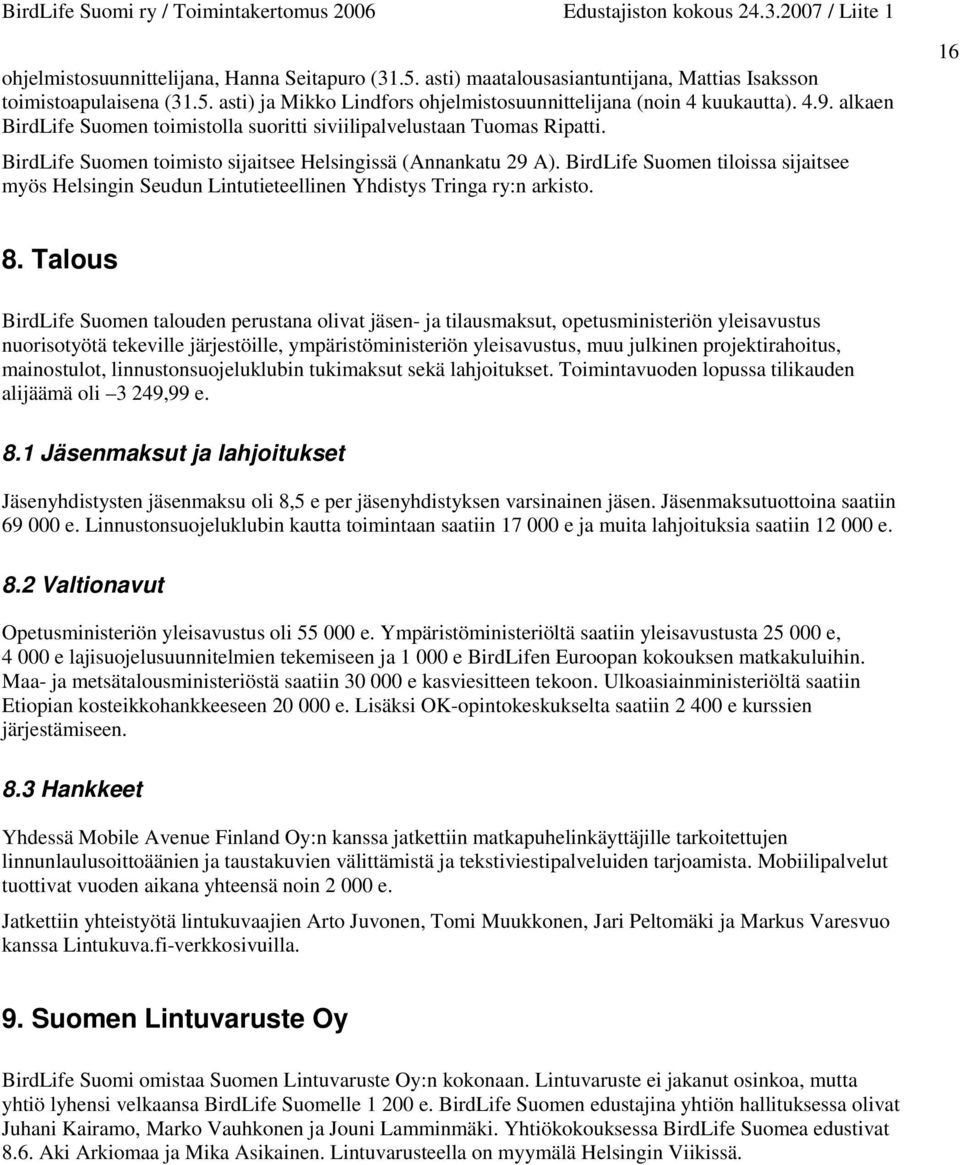 BirdLife Suomen tiloissa sijaitsee myös Helsingin Seudun Lintutieteellinen Yhdistys Tringa ry:n arkisto. 16 8.
