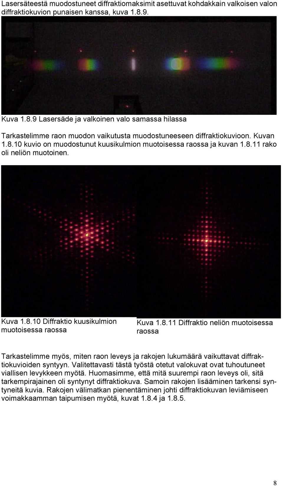 8.11 rako oli neliön muotoinen. Kuva 1.8.10 Diffraktio kuusikulmion muotoisessa raossa Kuva 1.8.11 Diffraktio neliön muotoisessa raossa Tarkastelimme myös, miten raon leveys ja rakojen lukumäärä vaikuttavat diffraktiokuvioiden syntyyn.