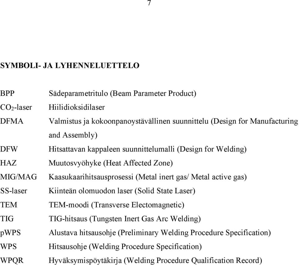 Kaasukaarihitsausprosessi (Metal inert gas/ Metal active gas) Kiinteän olomuodon laser (Solid State Laser) TEM-moodi (Transverse Electomagnetic) TIG-hitsaus (Tungsten Inert Gas