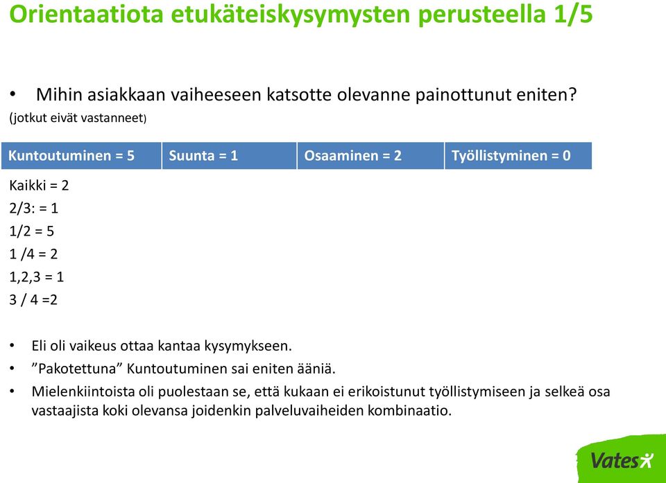 1,2,3 = 1 3 / 4 =2 Eli oli vaikeus ottaa kantaa kysymykseen. Pakotettuna Kuntoutuminen sai eniten ääniä.