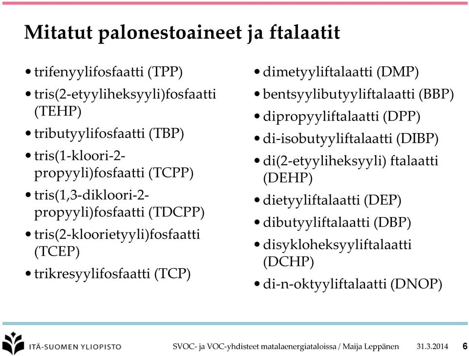 dimetyyliftalaatti (DMP) bentsyylibutyyliftalaatti (BBP) dipropyyliftalaatti (DPP) di-isobutyyliftalaatti (DIBP) di(2-etyyliheksyyli) ftalaatti (DEHP)