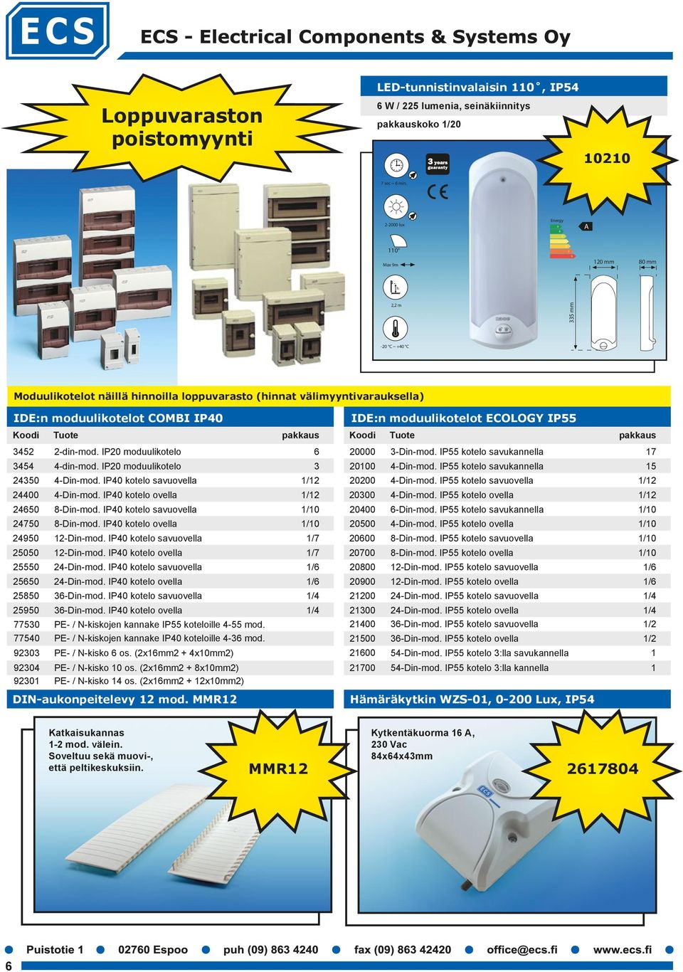 Koodi Tuote 3452 2-din-mod. IP20 moduulikotelo 3454 4-din-mod. IP20 moduulikotelo 24350 4-Din-mod. IP40 kotelo savuovella 24400 4-Din-mod. IP40 kotelo ovella 24650 8-Din-mod.