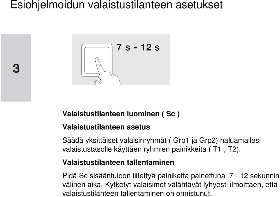 T2). Valaistustilanteen tallentaminen Pidä Sc sisääntuloon liitettyä painiketta painettuna 7-12 sekunnin