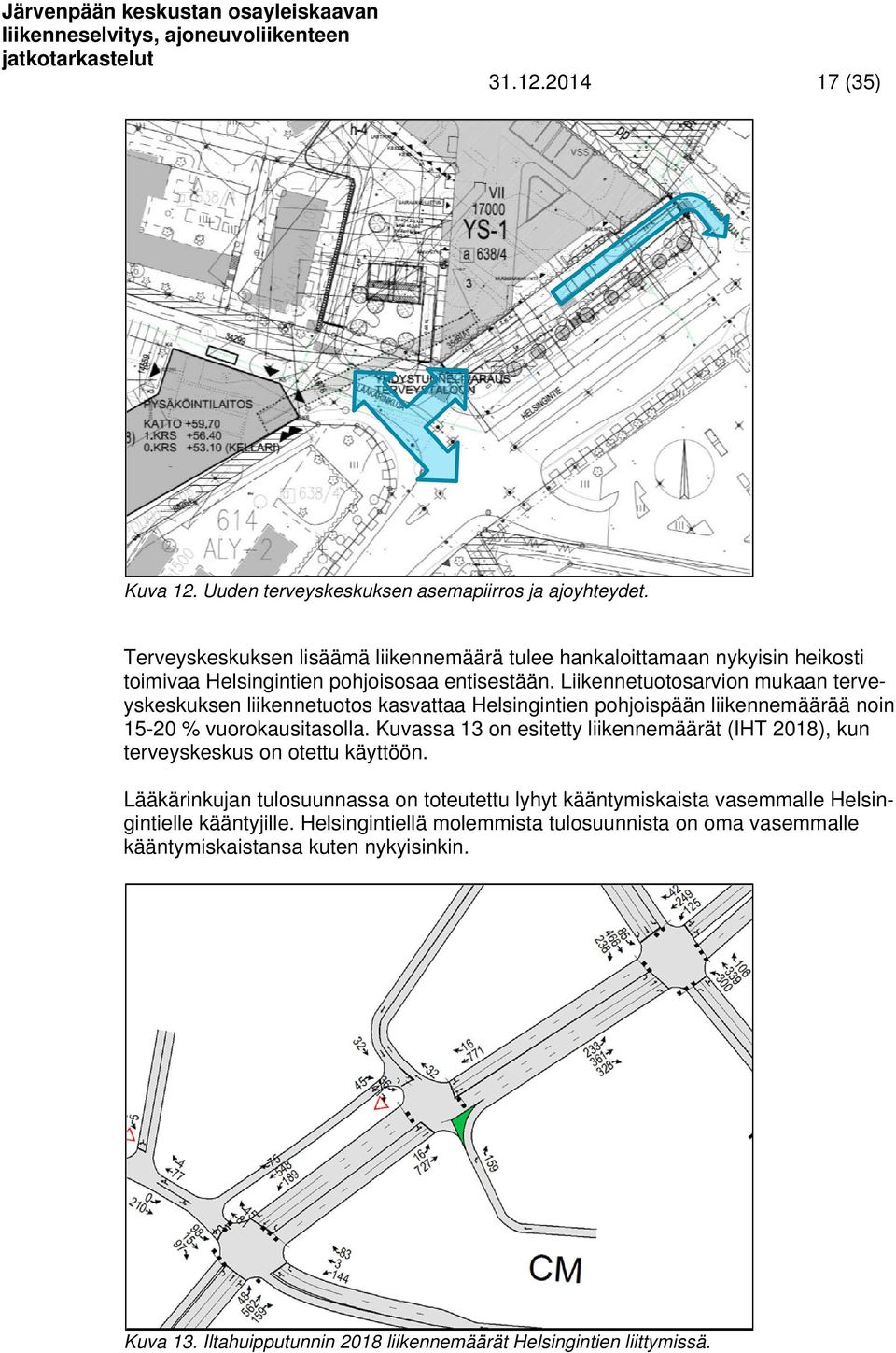 Liikennetuotosarvion mukaan terveyskeskuksen liikennetuotos kasvattaa Helsingintien pohjoispään liikennemäärää noin 15-20 % vuorokausitasolla.