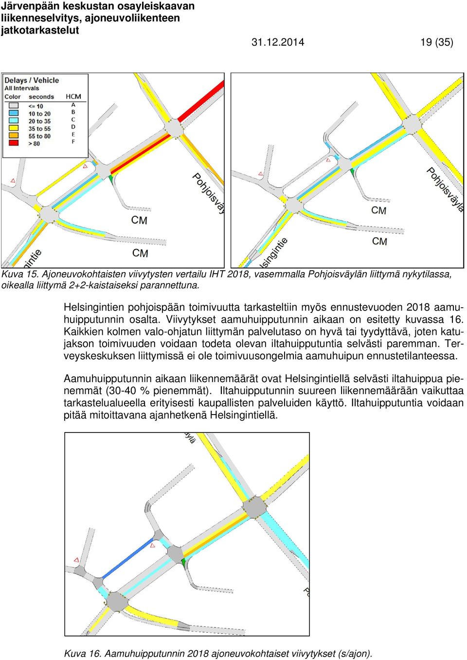 Kaikkien kolmen valo-ohjatun liittymän palvelutaso on hyvä tai tyydyttävä, joten katujakson toimivuuden voidaan todeta olevan iltahuipputuntia selvästi paremman.