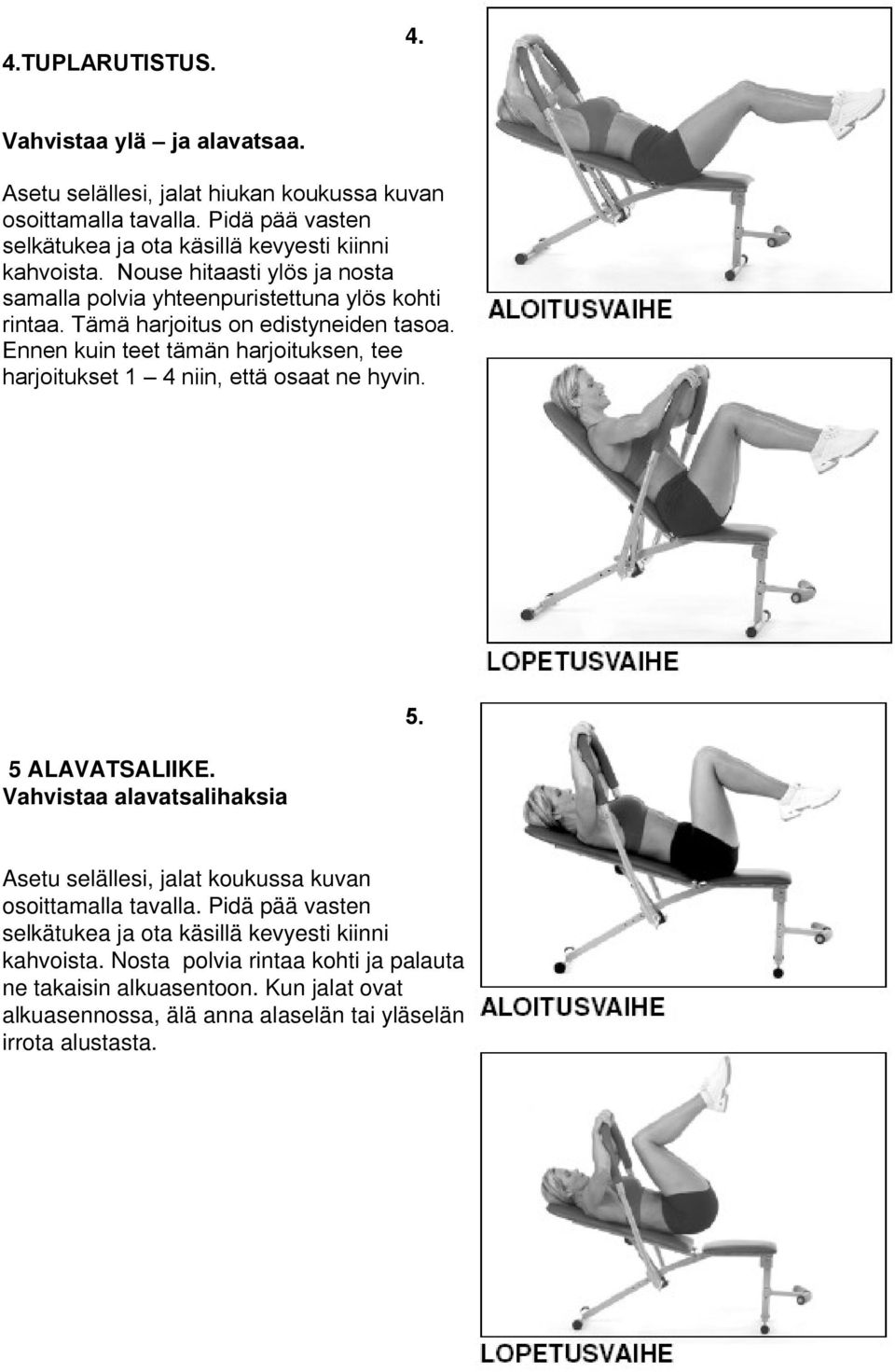 Tämä harjoitus on edistyneiden tasoa. Ennen kuin teet tämän harjoituksen, tee harjoitukset 1 4 niin, että osaat ne hyvin. 5 ALAVATSALIIKE. Vahvistaa alavatsalihaksia 5.