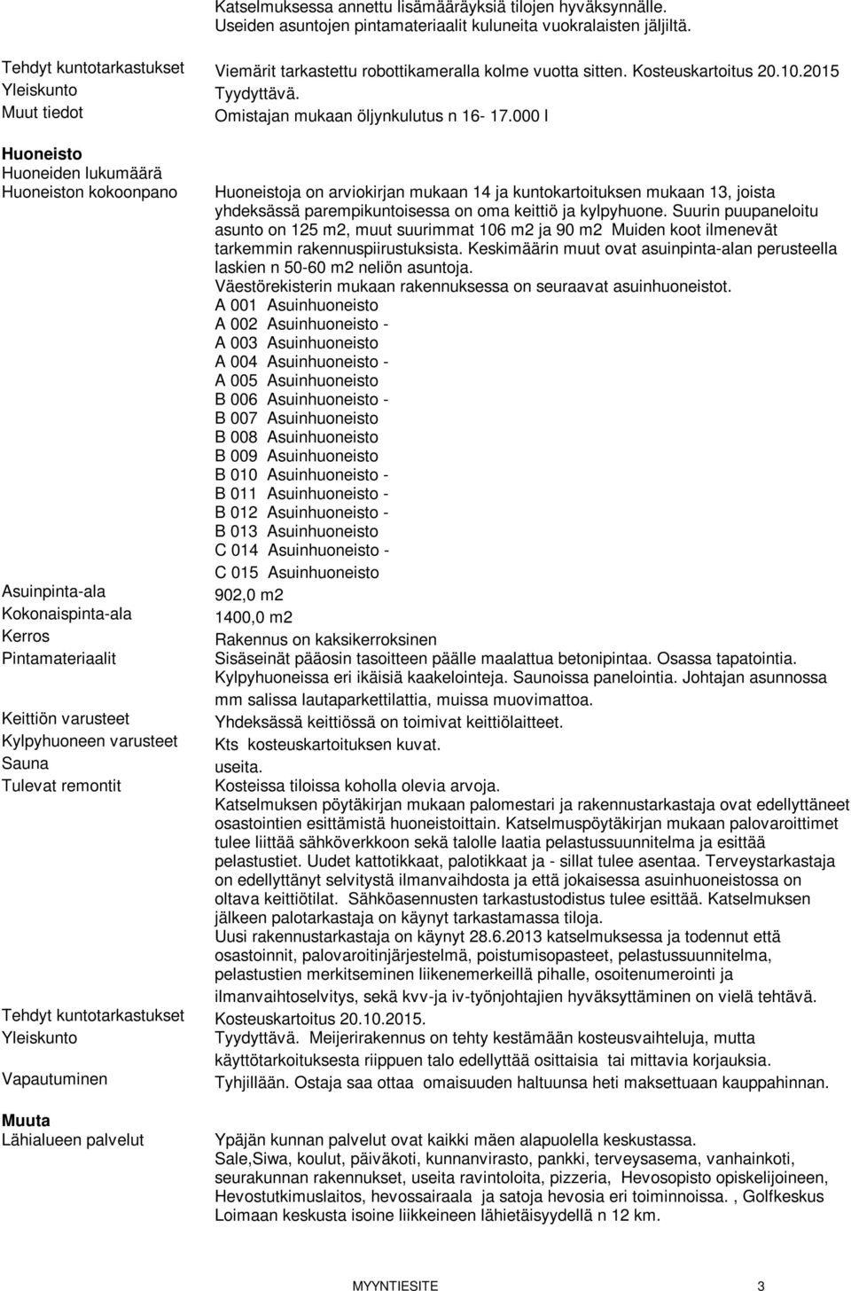 000 l Huoneisto Huoneiden lukumäärä Huoneiston kokoonpano Huoneistoja on arviokirjan mukaan 14 ja kuntokartoituksen mukaan 13, joista yhdeksässä parempikuntoisessa on oma keittiö ja kylpyhuone.