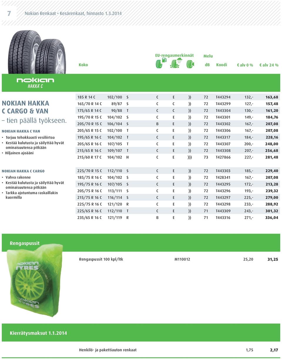 )) 72 T443299 127,- 157,48 175/65 R 14 C 90/88 T C C )) 72 T443304 130,- 161,20 195/70 R 15 C 104/102 S C E )) 72 T443301 149,- 184,76 205/70 R 15 C 106/104 S B E )) 72 T443302 167,- 207,08 205/65 R