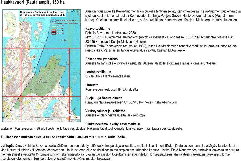 Yhteistä molemmille alueille on, että ne rajoittuvat Konneveden- Kalajan- Niinivuoren Natura-alueeseen. Kaavoitustilanne Pohjois-Savon maakuntakaava 2030: MY1 33.