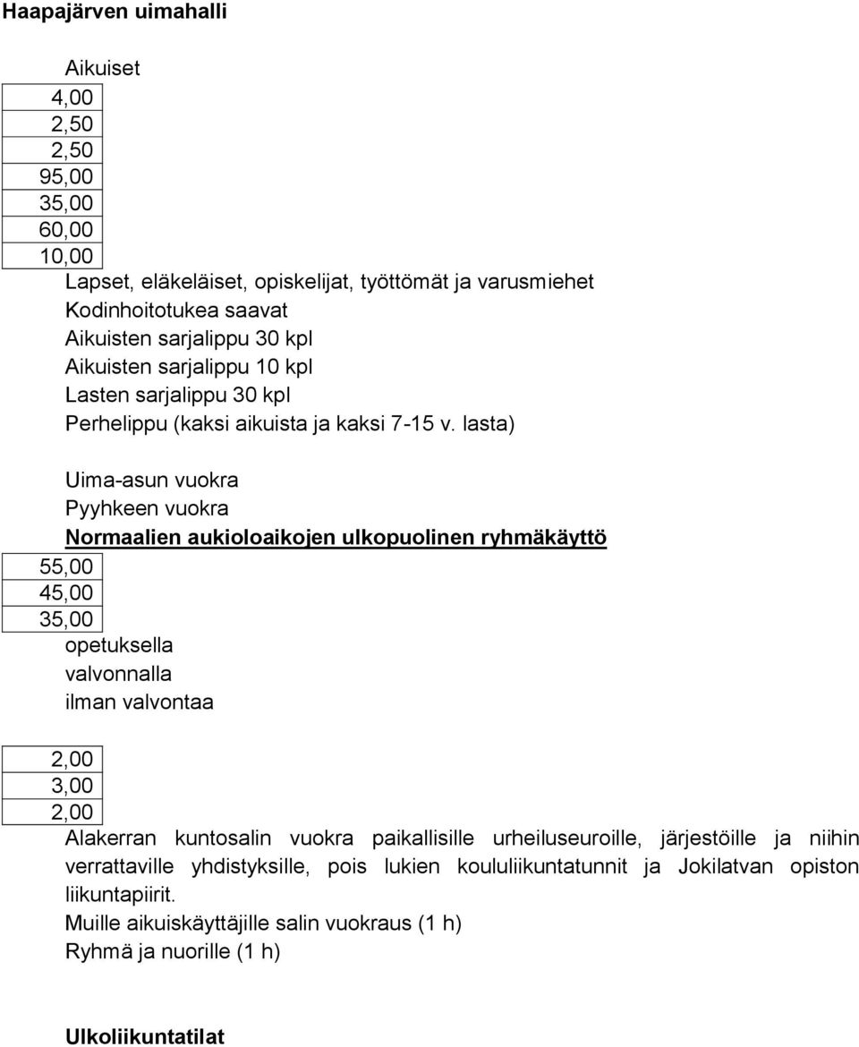 lasta) Uima-asun vuokra Pyyhkeen vuokra Normaalien aukioloaikojen ulkopuolinen ryhmäkäyttö 55,00 45,00 35,00 opetuksella valvonnalla ilman valvontaa 2,00 3,00 2,00 Alakerran