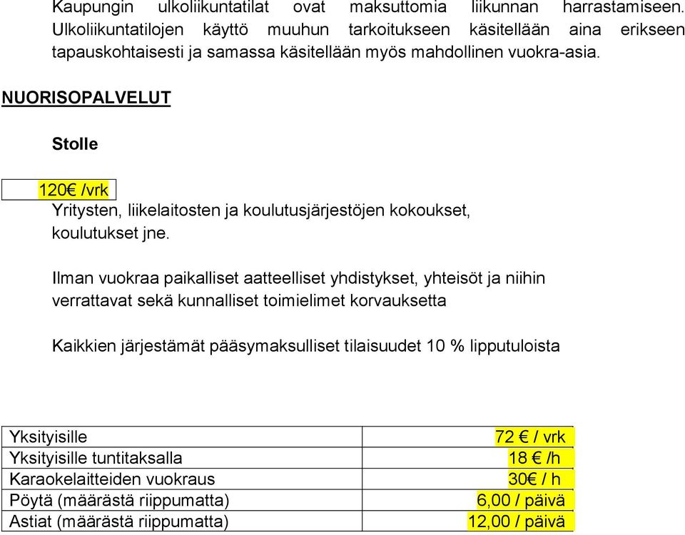 NUORISOPALVELUT Stolle 120 /vrk Yritysten, liikelaitosten ja koulutusjärjestöjen kokoukset, koulutukset jne.