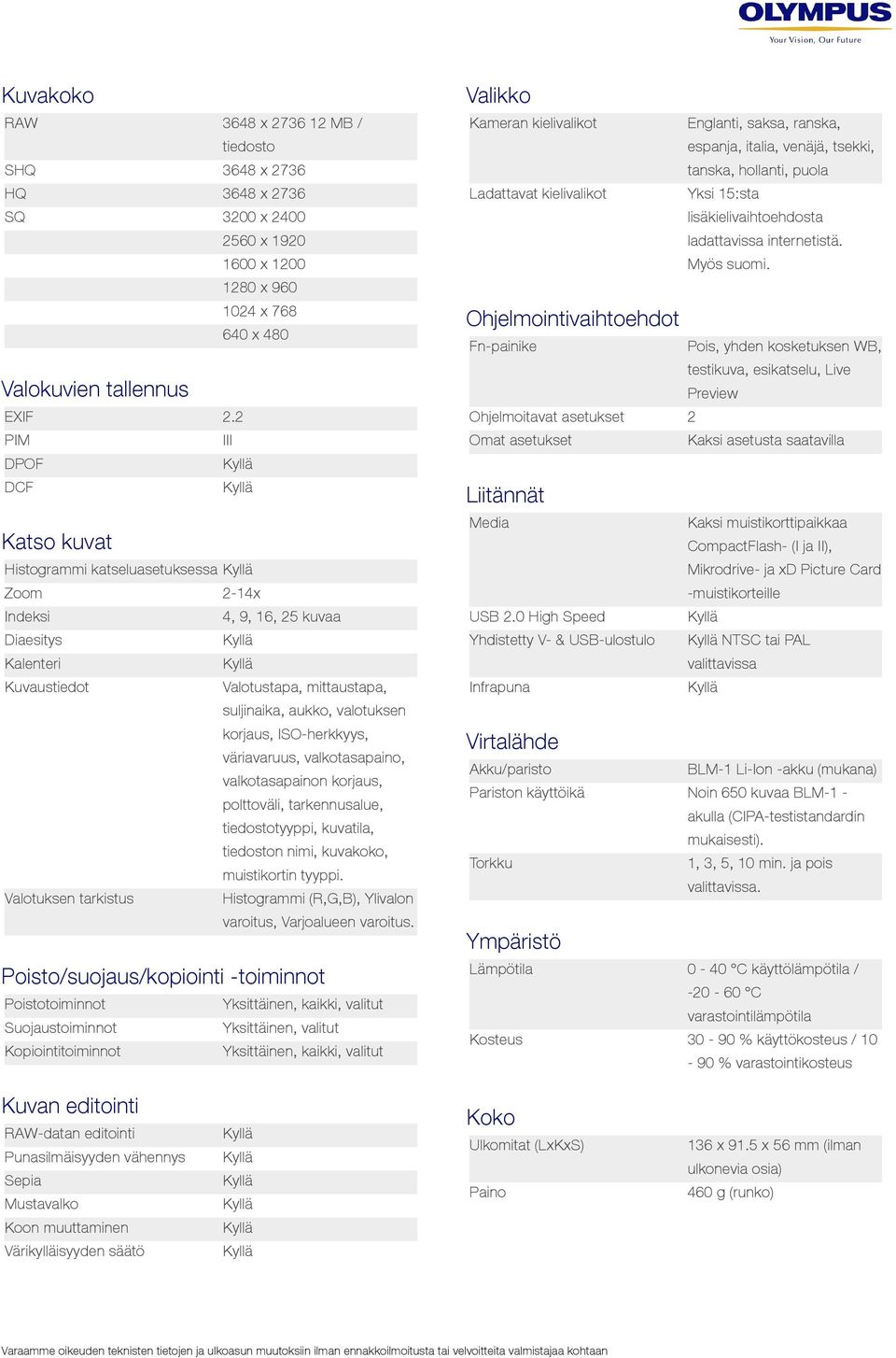 ISO-herkkyys, väriavaruus, valkotasapaino, valkotasapainon korjaus, polttoväli, tarkennusalue, tiedostotyyppi, kuvatila, tiedoston nimi, kuvakoko, muistikortin tyyppi.