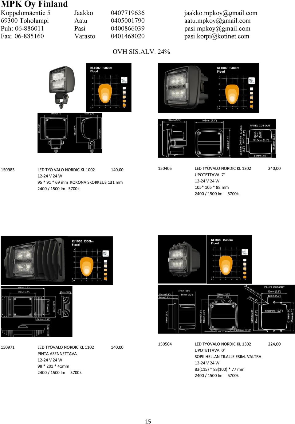 LED TYÖVALO NORDIC KL 1302 UPOTETTAVA 7 12-24 V 24 W 105* 105 * 88 mm 2400 / 1500 lm 5700k 240,00 150504 LED TYÖVALO