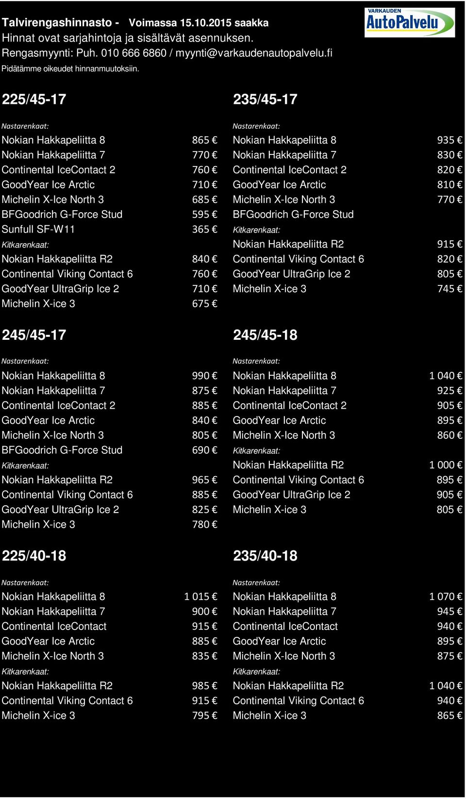 Hakkapeliitta R2 840 Continental Viking Contact 6 820 Continental Viking Contact 6 760 GoodYear UltraGrip Ice 2 805 GoodYear UltraGrip Ice 2 710 Michelin X-ice 3 745 Michelin X-ice 3 675 245/45-17