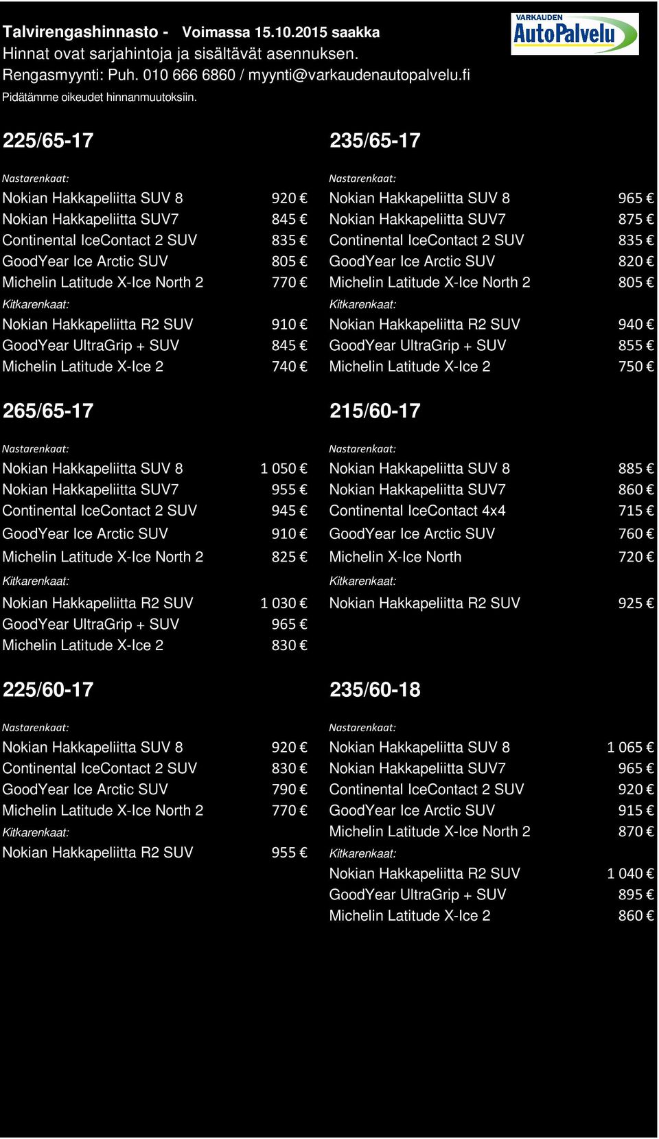 GoodYear UltraGrip + SUV 845 GoodYear UltraGrip + SUV 855 Michelin Latitude X-Ice 2 740 Michelin Latitude X-Ice 2 750 265/65-17 215/60-17 Nokian Hakkapeliitta SUV 8 1050 Nokian Hakkapeliitta SUV 8