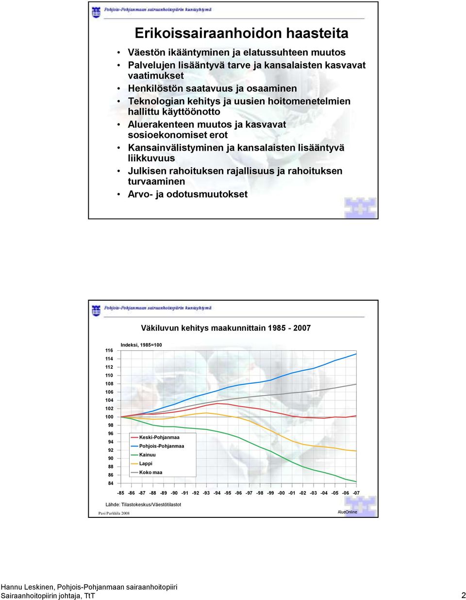 rahoituksen turvaaminen Arvo- ja odotusmuutokset Väkiluvun kehitys maakunnittain 1985-2007 116 114 112 110 108 106 104 102 100 98 96 94 92 90 88 86 84 Indeksi, 1985=100 Keski-Pohjanmaa