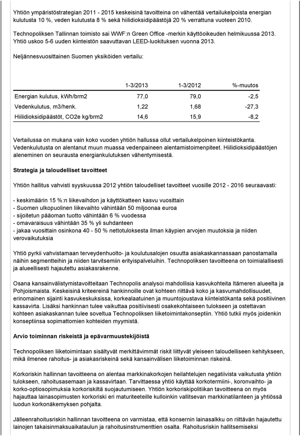 Neljännesvuosittainen Suomen yksiköiden vertailu: 1-3/2013 1-3/2012 %-muutos Energian kulutus, kwh/brm2 77,0 79,0-2,5 Vedenkulutus, m3/henk.