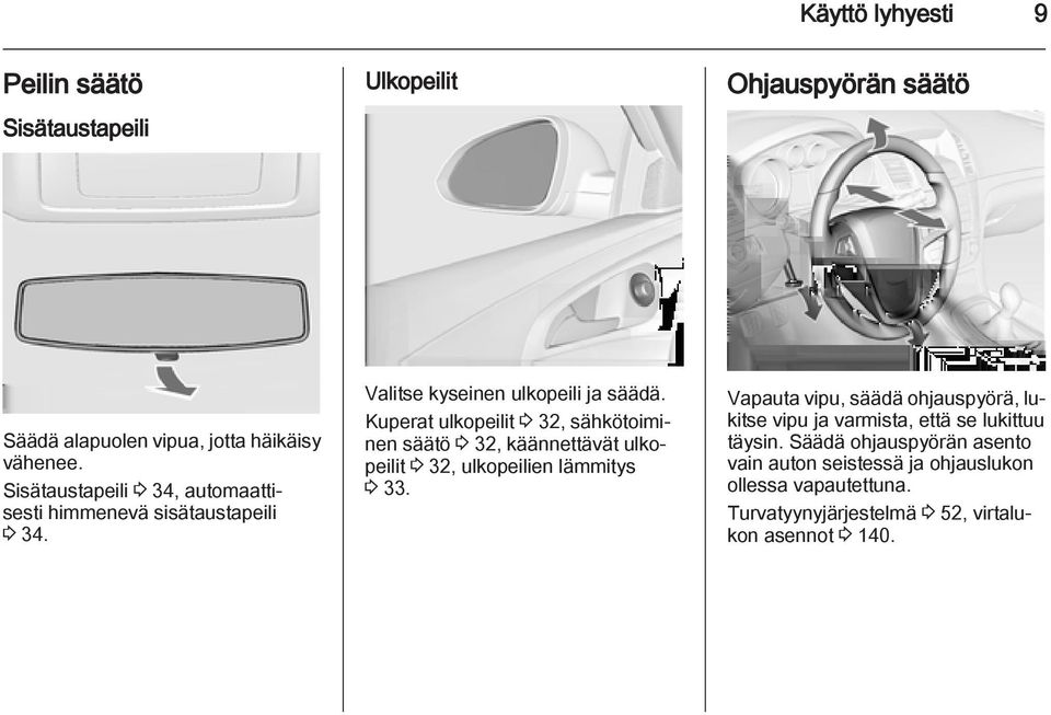 Kuperat ulkopeilit 3 32, sähkötoiminen säätö 3 32, käännettävät ulkopeilit 3 32, ulkopeilien lämmitys 3 33.