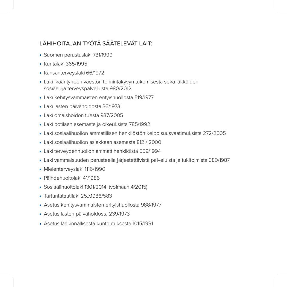 sosiaalihuollon ammatillisen henkilöstön kelpoisuusvaatimuksista 272/2005 Laki sosiaalihuollon asiakkaan asemasta 812 / 2000 Laki terveydenhuollon ammattihenkilöistä 559/1994 Laki vammaisuuden