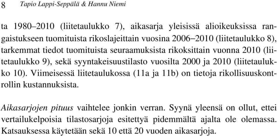 (liitetaulukko 10). Viimeisessä liitetaulukossa (11a ja 11b) on tietoja rikollisuuskontrollin kustannuksista. Aikasarjojen pituus vaihtelee jonkin verran.