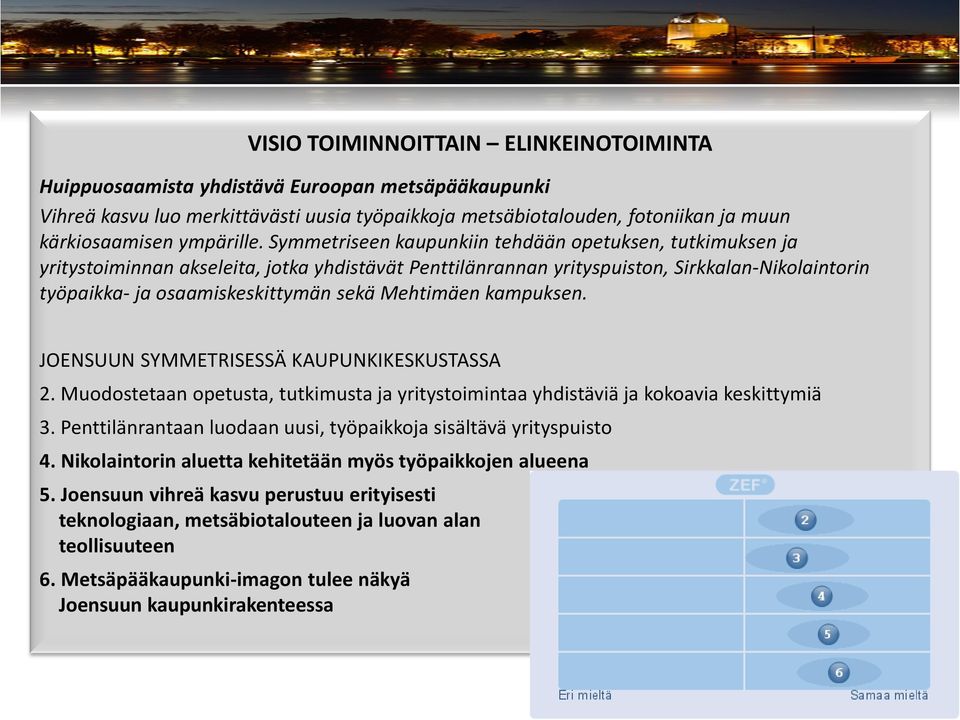 Symmetriseen kaupunkiin tehdään opetuksen, tutkimuksen ja yritystoiminnan akseleita, jotka yhdistävät Penttilänrannan yrityspuiston, Sirkkalan-Nikolaintorin työpaikka- ja osaamiskeskittymän sekä